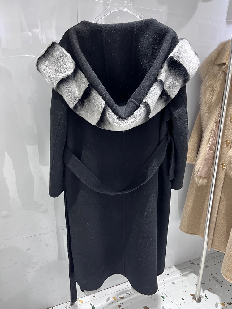 Nuovo arrivo inverno femminile vera pelliccia cappuccio cappotto naturale pelliccia di coniglio Rex lana misto lana spessa calda tuta sportiva lunga cintura casual