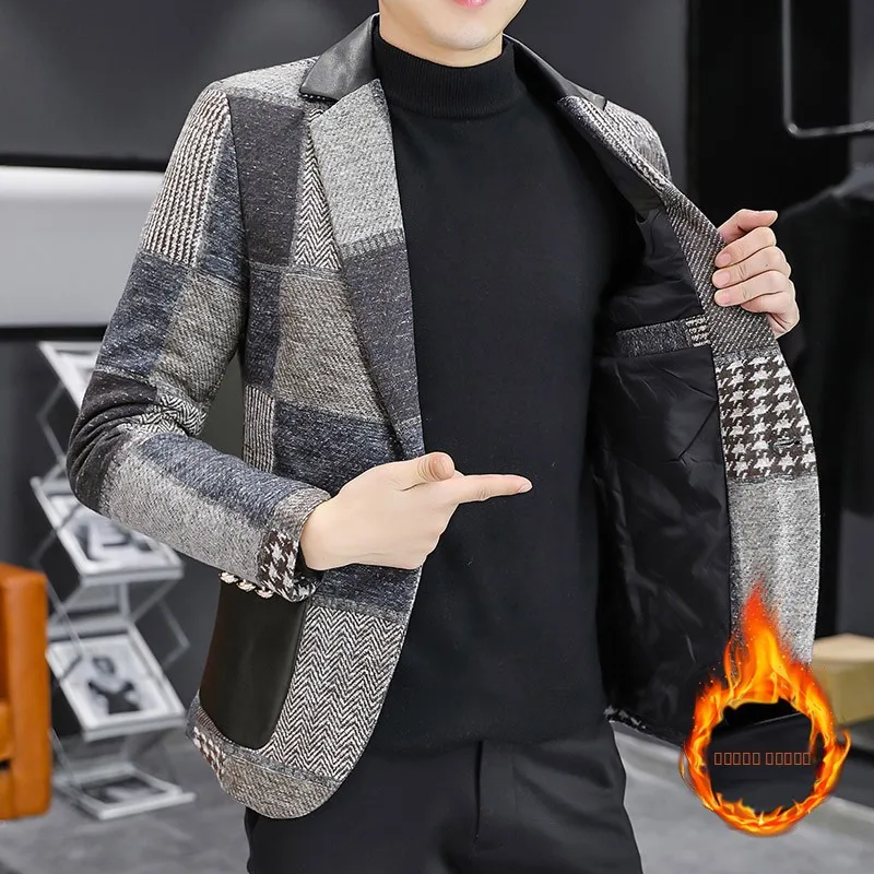 

2025 Autumn Winter Men's Woolen Suit Casual Thickened Outerwear Fashionable Youth Poplin Fabric Flat Collar Single Button