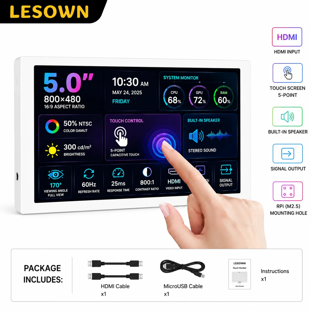 LESOWN Desktop Sub-display 5 Inch Driver-free HDTV Port Capacitive Touch Monitor for Daily Productivity Enhancement