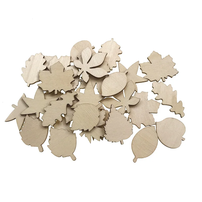 50pcs 30mm Unfinished Wooden Leaves Craft Blank Leaf Shape Cutout Ornament for Thanksgiving Fall Party DIY Decor