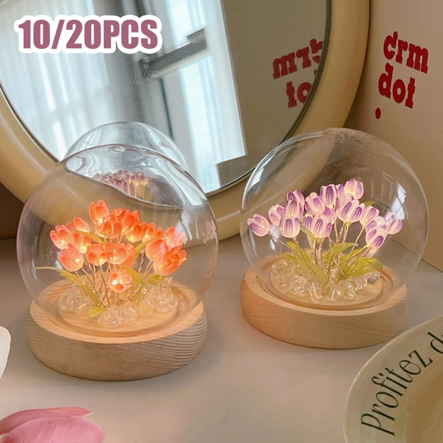 DIY Tulip Flower Night Light With Glass Cover Bedside Light LED Night Lamp Table Desk Lamp  Decor USB Mood Light Xmas Gifts