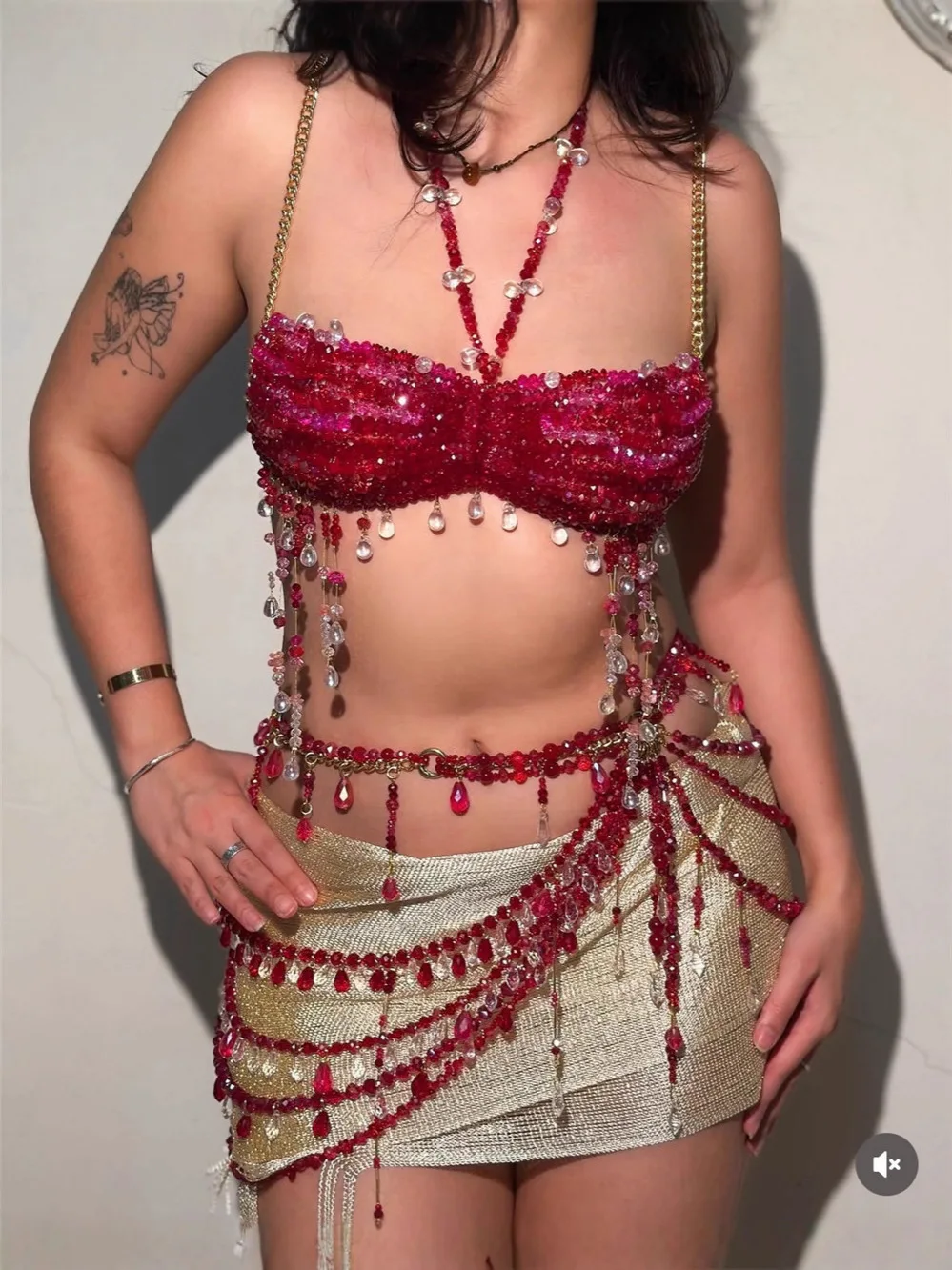 Red Beaded Tops Bikini Rave Body Party Bridal Wedding Chain Mermaid Bra Top Beachwear Women Beading Lingerie Harness Bralette
