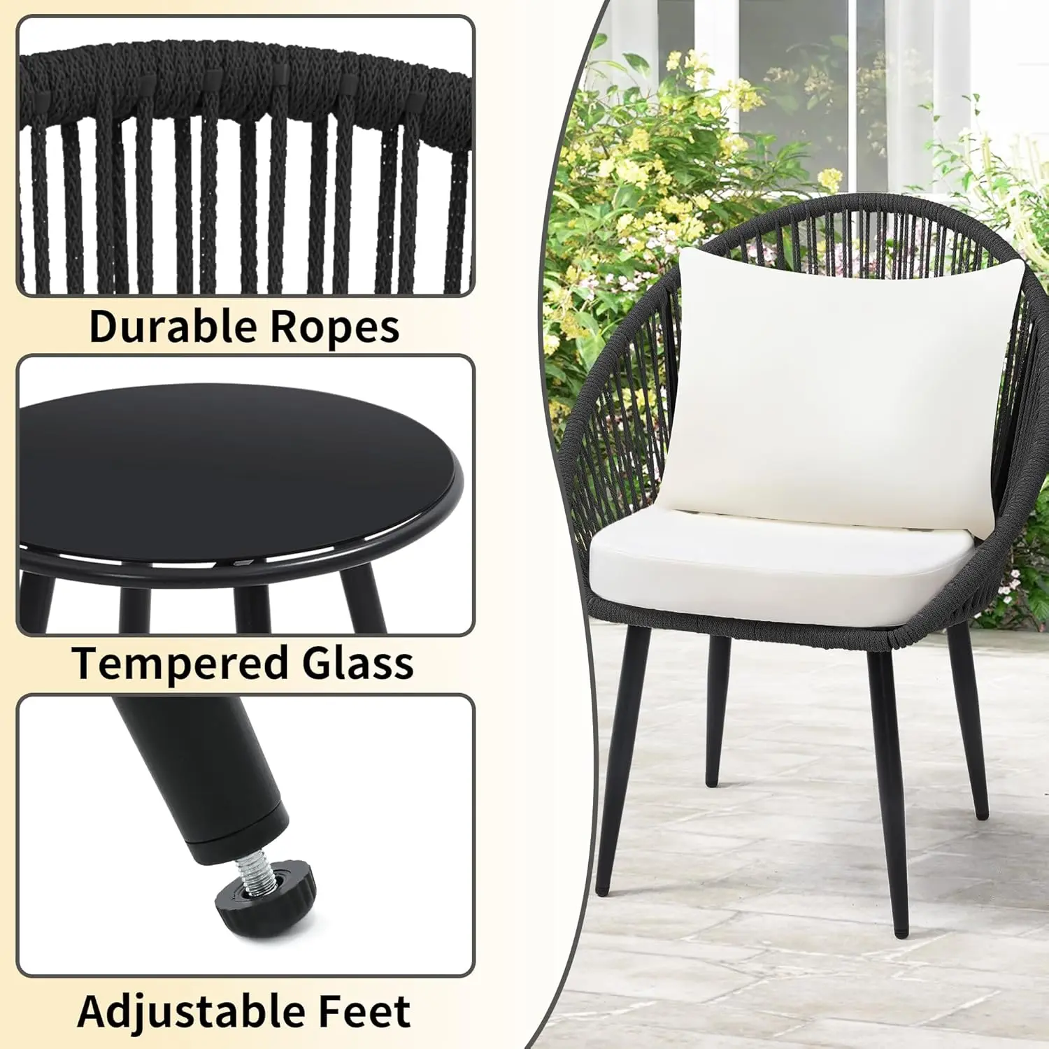 

New Hot Sale 3 Pieces Bistro Set, Woven Rope Chair with Cushions, All Weather Patio Conversation Set and Side Table, Ideal