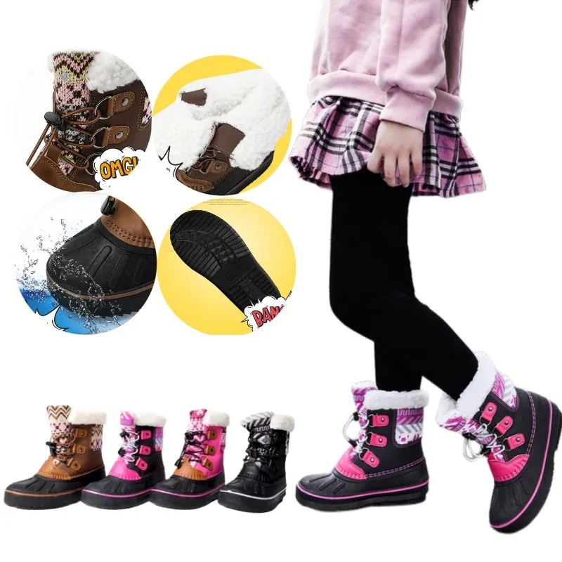 

Children High Snow Boots Kids Winter Warm Padded Cotton Shoes Hook Loop Baby Fashion Anti-Slippery Rubber Sole Footwear