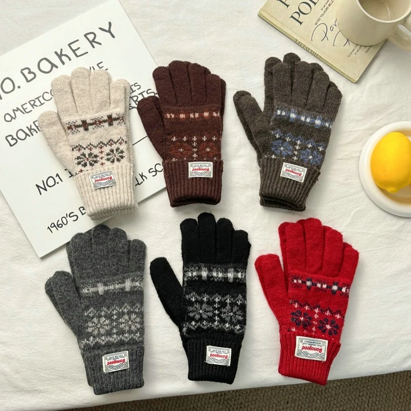

Новогодние рождественские красные жаккардовые шерстяные вязаные перчатки Phil Shimakaze с пятью пальцами для женщин, осенне-зимние толстые теплые сенсорные перчатки