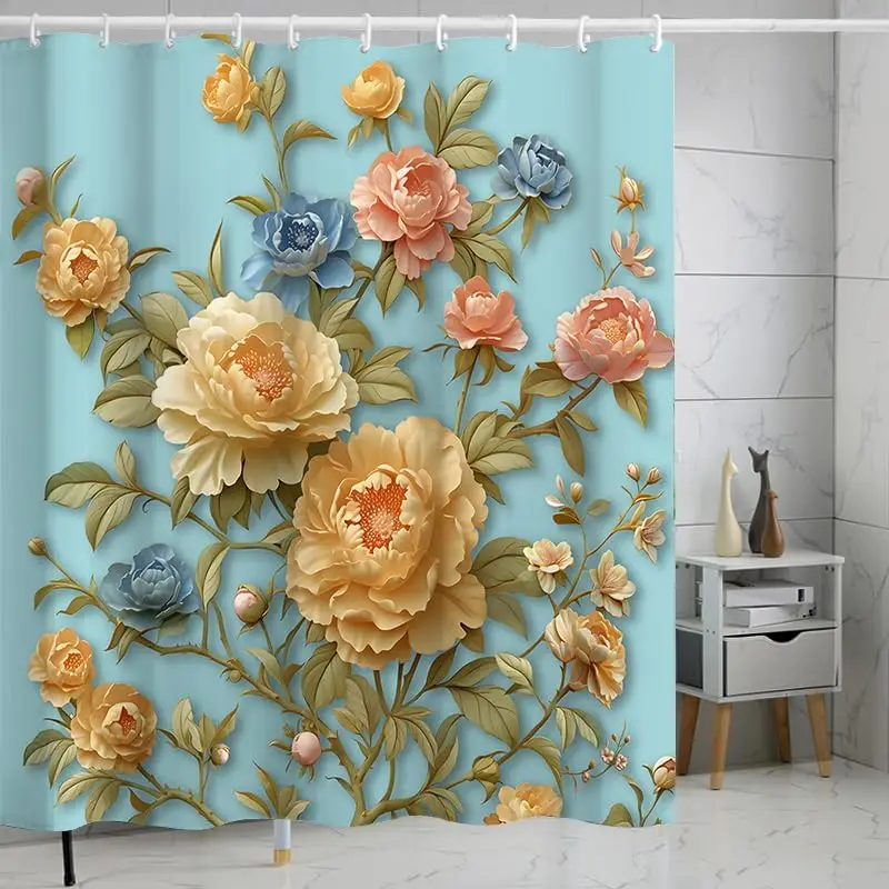 

3D-шторка для душа с цветочным узором: желто-сине-розовые пионы для элегантного декора ванной комнаты