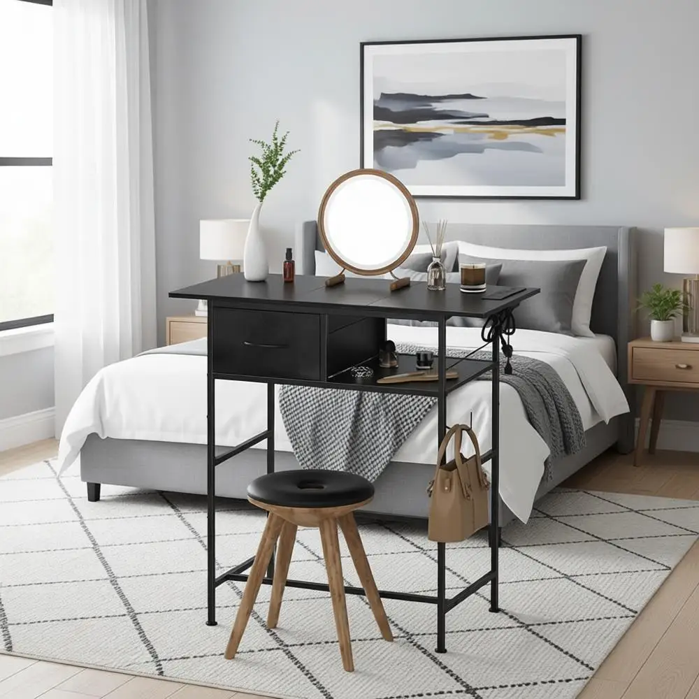 

Компактный черный туалетный столик с тканевыми ящиками и розеткой для небольших помещений