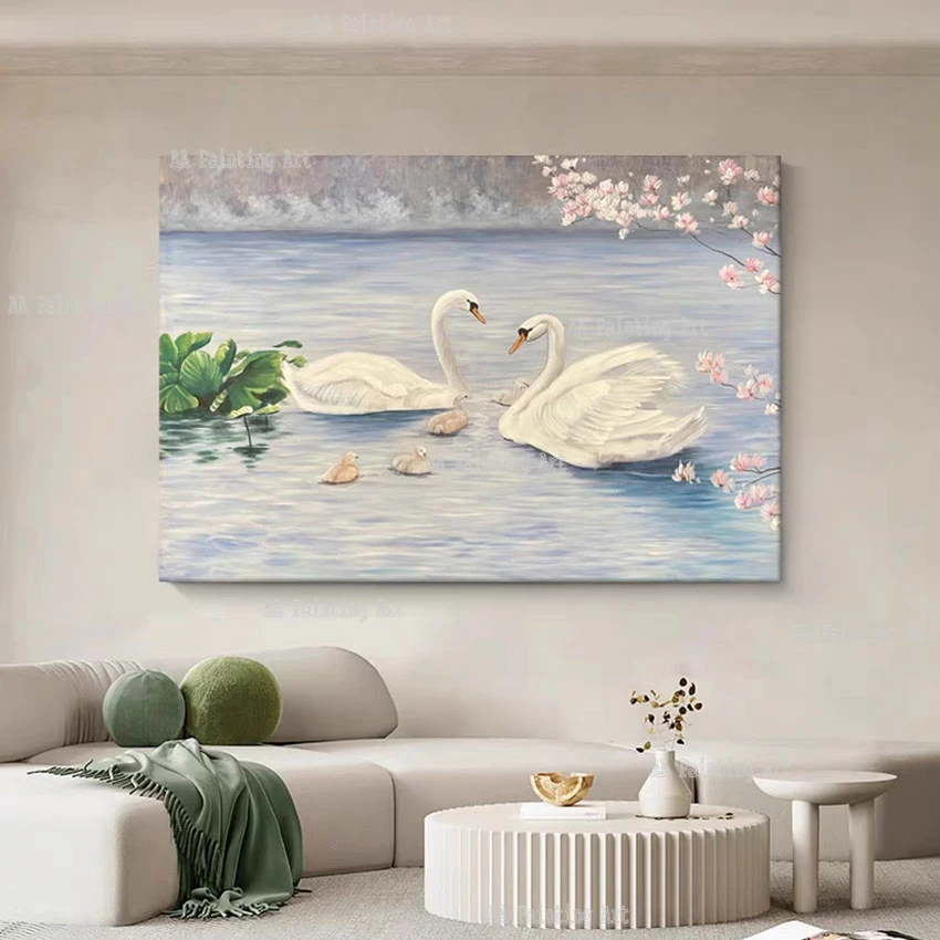 Luxury Canvas Wall Art Hotel Room Decor Large Couple Swans Oil Painting Art Pure Handmade Abstract Animal Canvas Artwork Craft