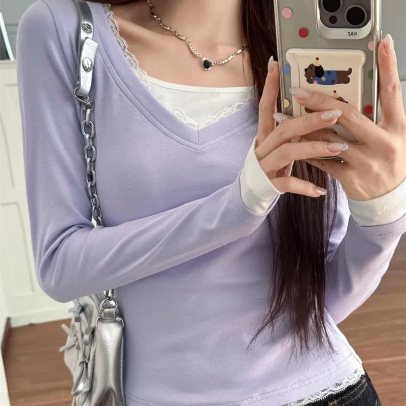 

Stylish Lace Spliced Slim Pullovers Spring Autumn Fake Two Pieces Women's Clothing Solid Color Korean Long Sleeve Basic T-shirts