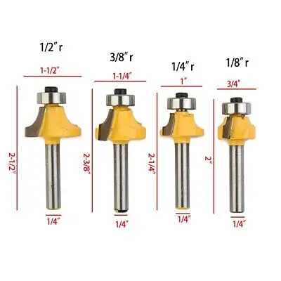 New 4pcs 1/4 Inch Shank Round Over Bead Edge Forming Router Bit 1/2 3/8/1/4 1/8