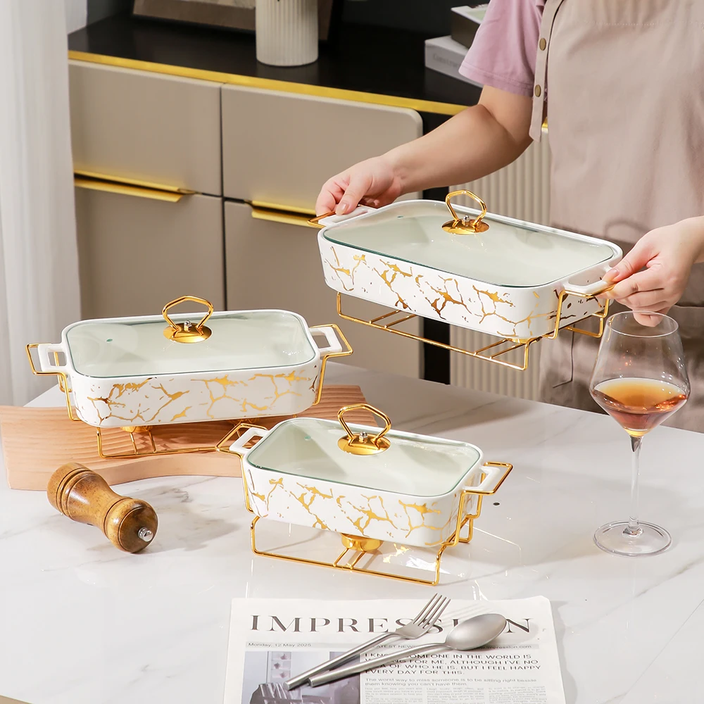Yurtrain Luxury Durable Ceramic Rectangle Heating Tray & Casserole Dishes Set with Glass Cover Keeps Food Warm Cooking Pots