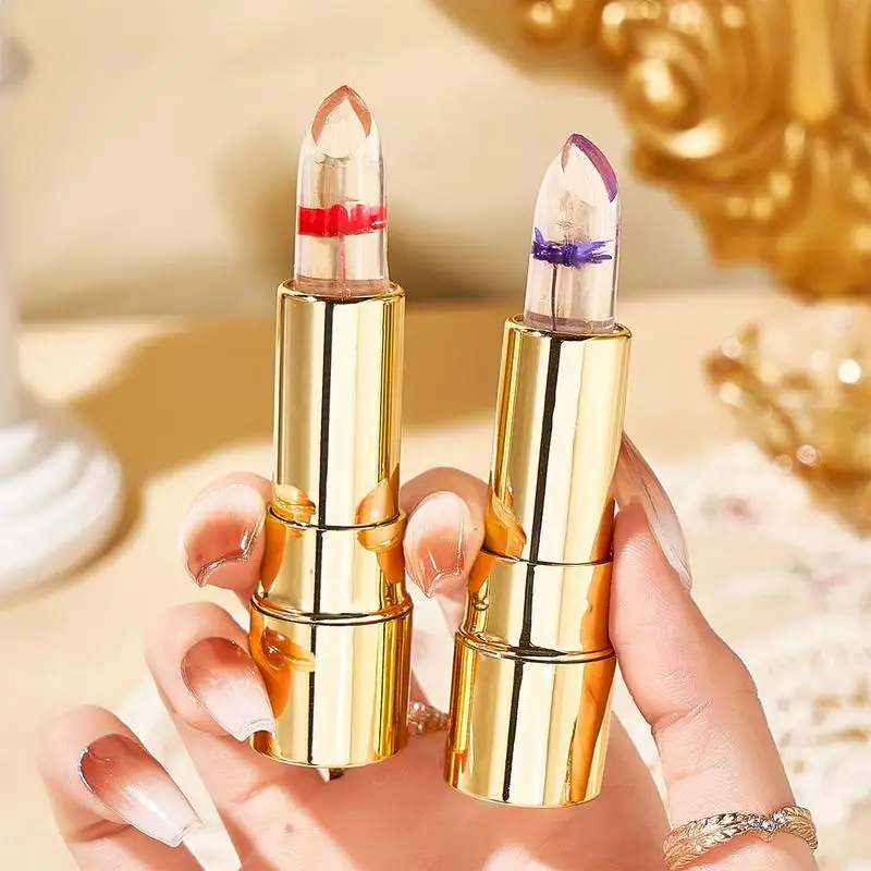 Lápiz labial transparente de flores de 2 colores, hidratante de larga duración, barras de labios de gelatina de cristal, bálsamo labial que cambia de Color con temperatura, cuidado de los labios