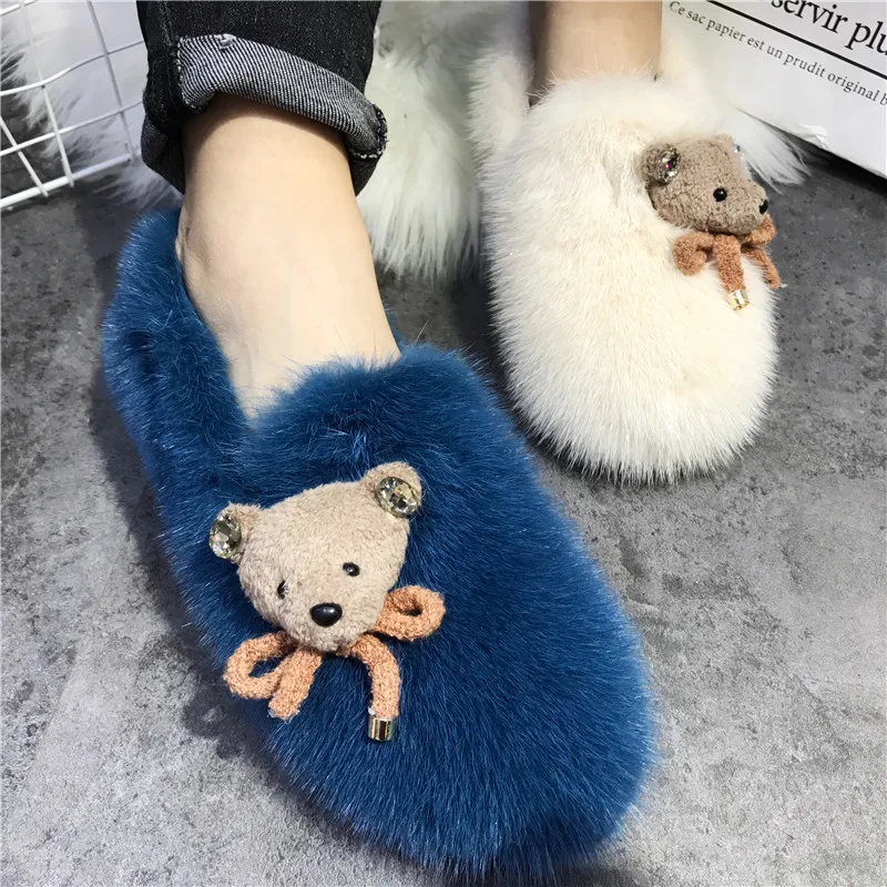 Bear Doll Decor Women Flats Casual Moccasins Winter Warm Mink Fur Outside Loafers Driving Shoes Espadrilles Ladies Flat Footwear