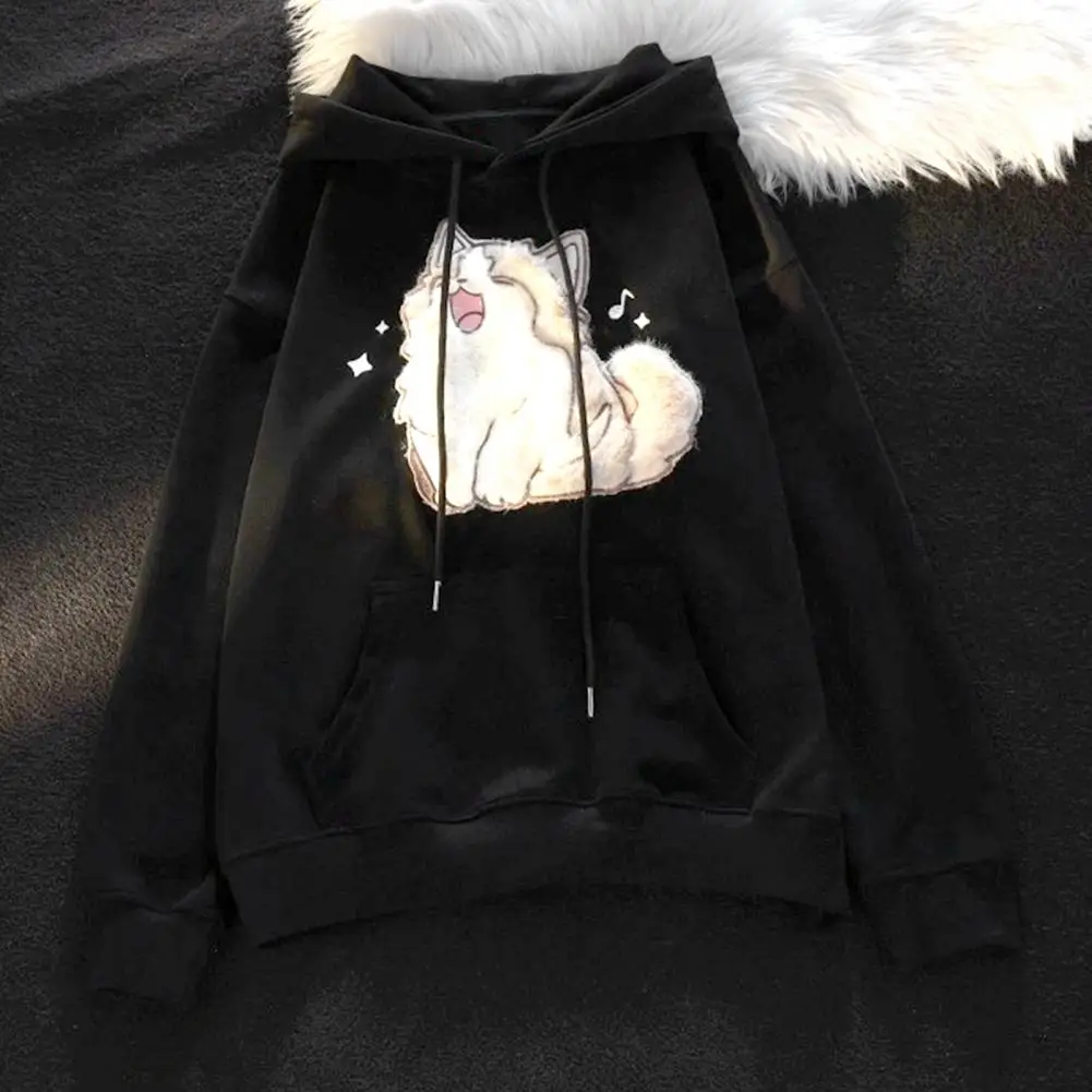 Solid Color Women Hoodie Cozy Cat Embroidered Fleece Hoodie with Oversized Patch Pocket for Women Warm Winter Pullover