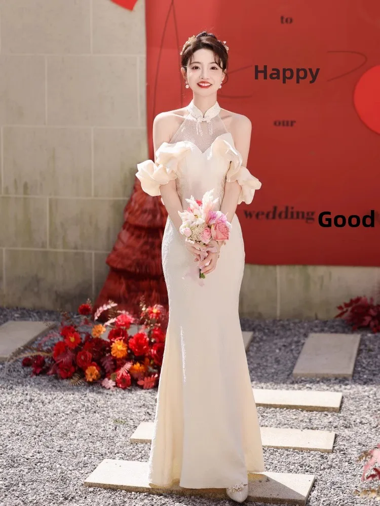 

Champagne Colored Wedding Dr Ele Fi Tail Gown for Engagement And Wedding Day Formal Ocns Hanging Neline Dres