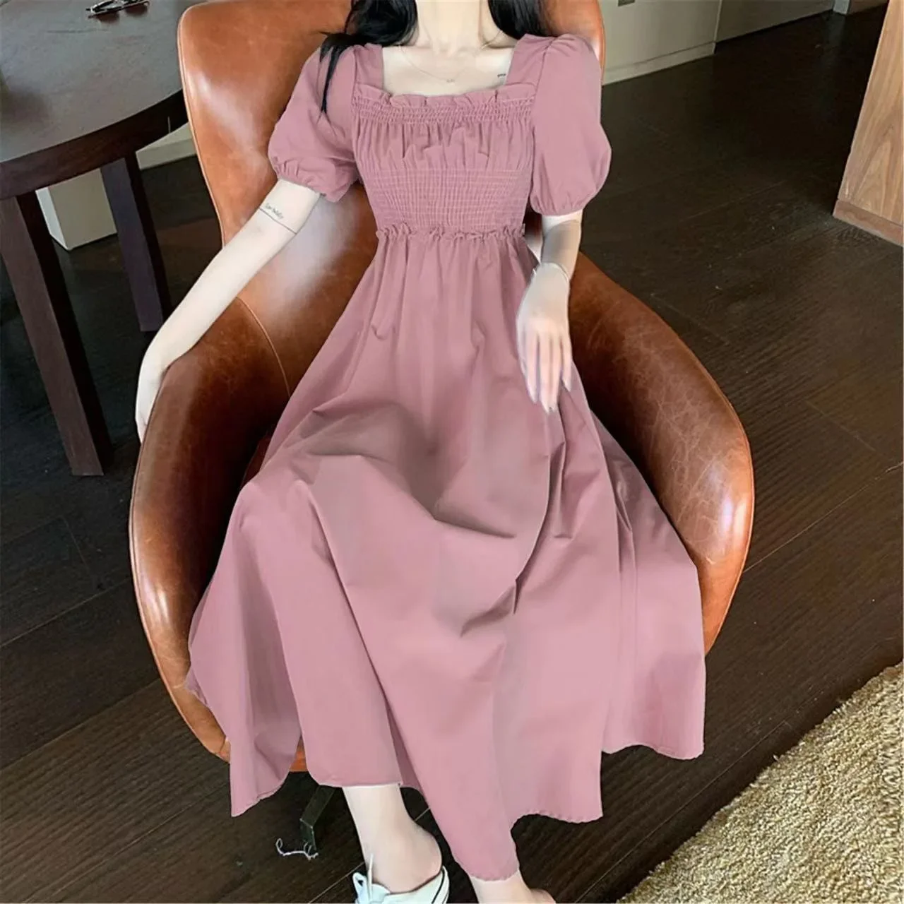 Elegant Chiffon Dress For Women Soft Clavicle Bubble Embroidery Summer New Style French Medium-length Slimming A- line