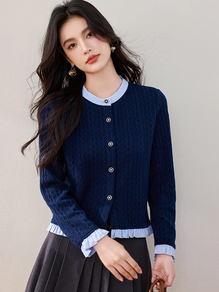 Fake Two-piece Knitted Cardigan 2024 Autumn New Contrast Color Tops Korean Fashion Loose Long Sleeved Sweater Women Tops