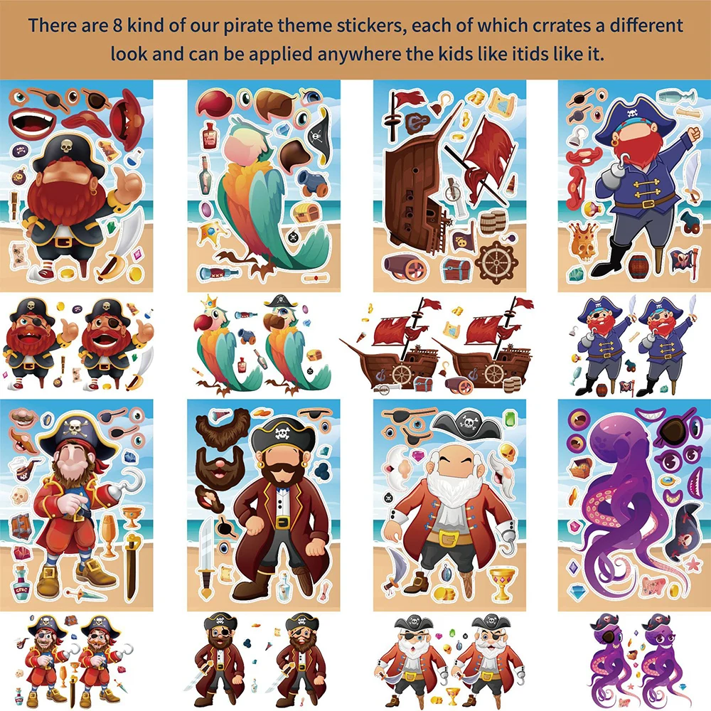 8/16Sheets Anime Pirate Captain Children Puzzle Anime Stickers Make-a-Face Assemble Cartoon Game Decal Assemble Jigsaw Boy Toy