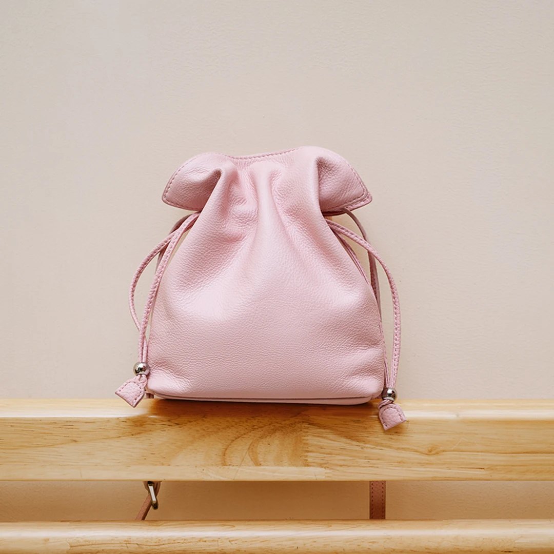 Mendy Genuine Leather Drawstring Phone Bag Litchi Grain Mini Crossbody Purse Japanese Girl Aesthetic Gentle Healing Soft Chic