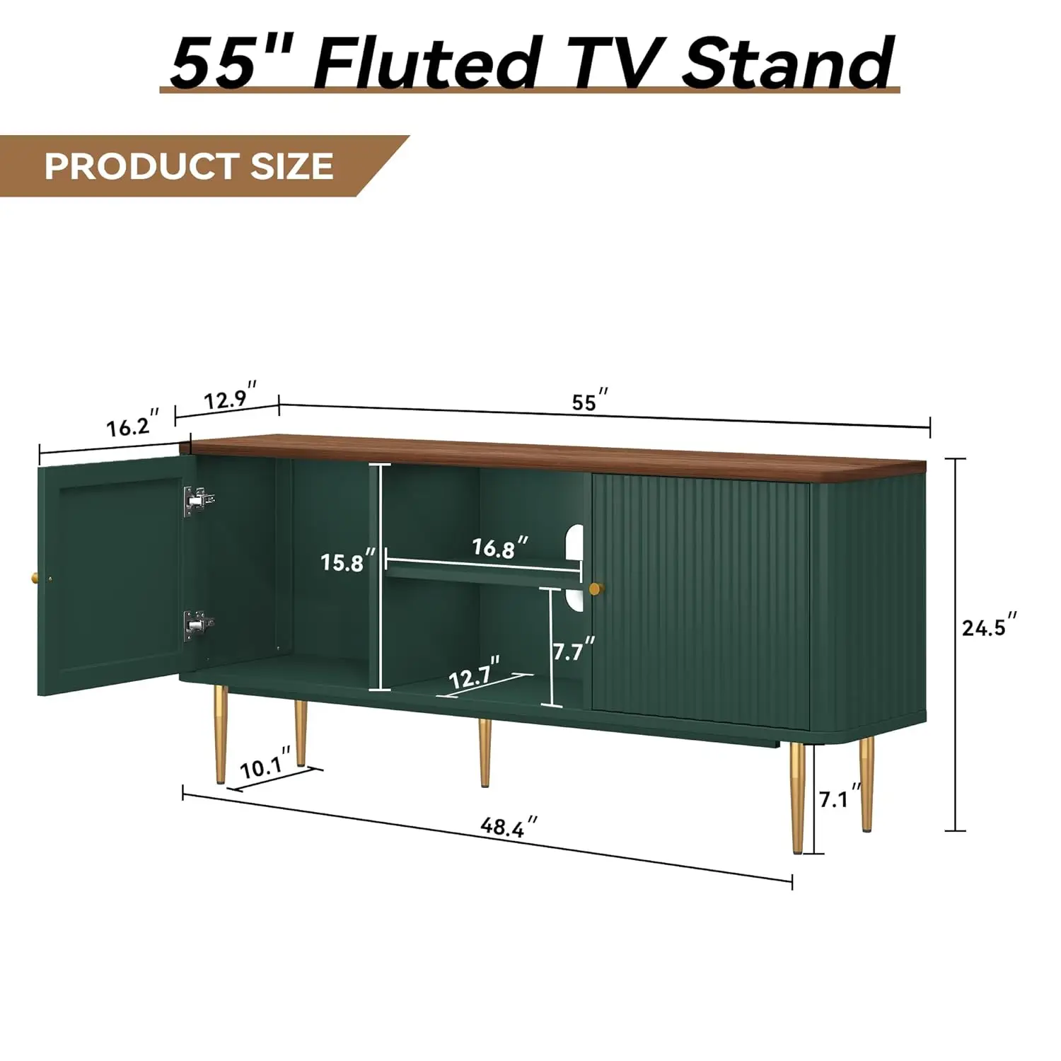 Mid Century Fluted TV Stand for 65 Inch TV, Green Entertainment Center w/ Storage & Open Shelves, Media Console w/ Gold Legs for