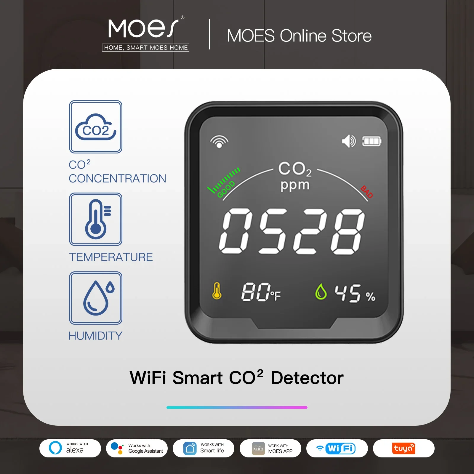 MOES Detektor Karbon Dioksida Kualitas Udara dengan Jam Alarm, Monitor Suhu, Penguji Kelembaban Udara, WiFi/BT,Tuya Smart,3 In 1,CO2