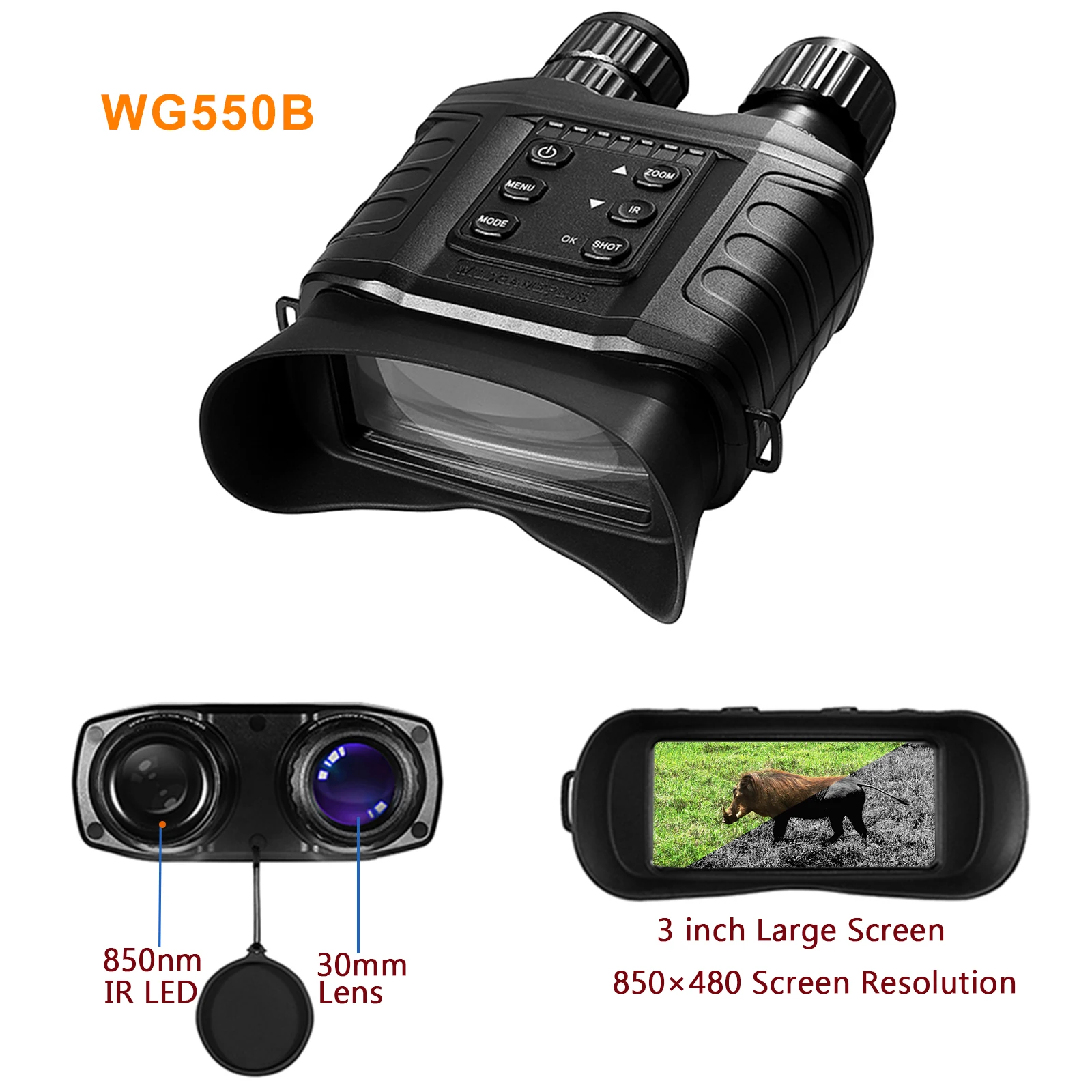 WG550B Binoculars Night Vision 4X Digital Zoom 8MP 1080P IR Night Vision Scope 3inch Screen with 500m Full Dark Distance Camera