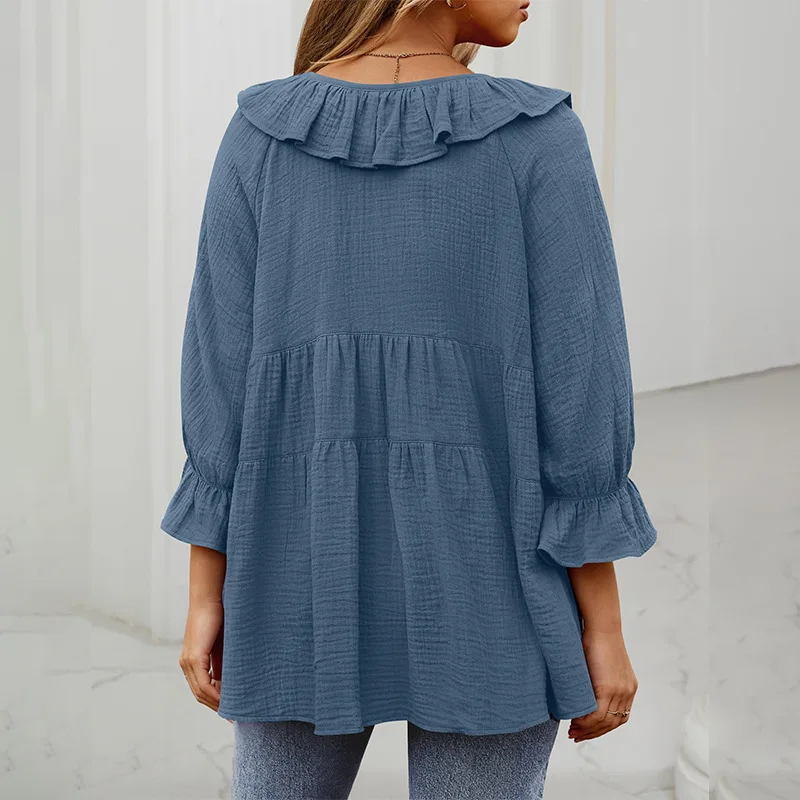 Summer Vintage Short Sleeve Shirt Tops Woman Casual Splicing Blouse Female V-Neck Solid Blusas Stylish Button Cuffs Chemise 2025