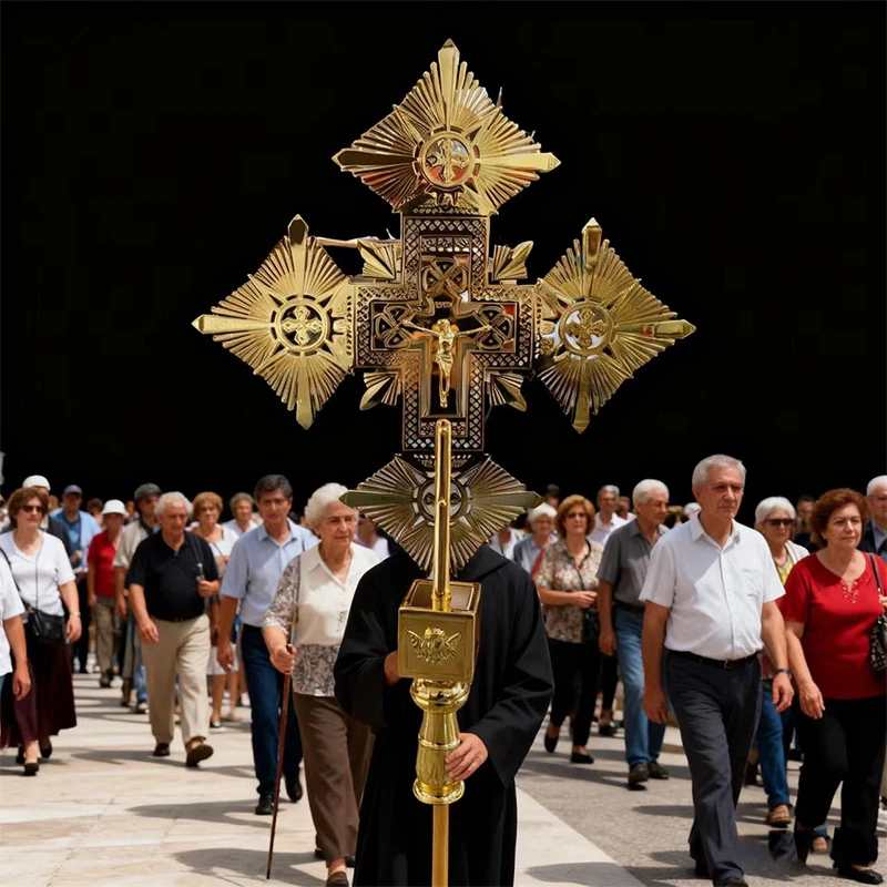 Christian Orthodox Catholic Gilded Gold Carvings Handheld Cross Church Religious Ritual Special Artifacts Collection Grade Sacre