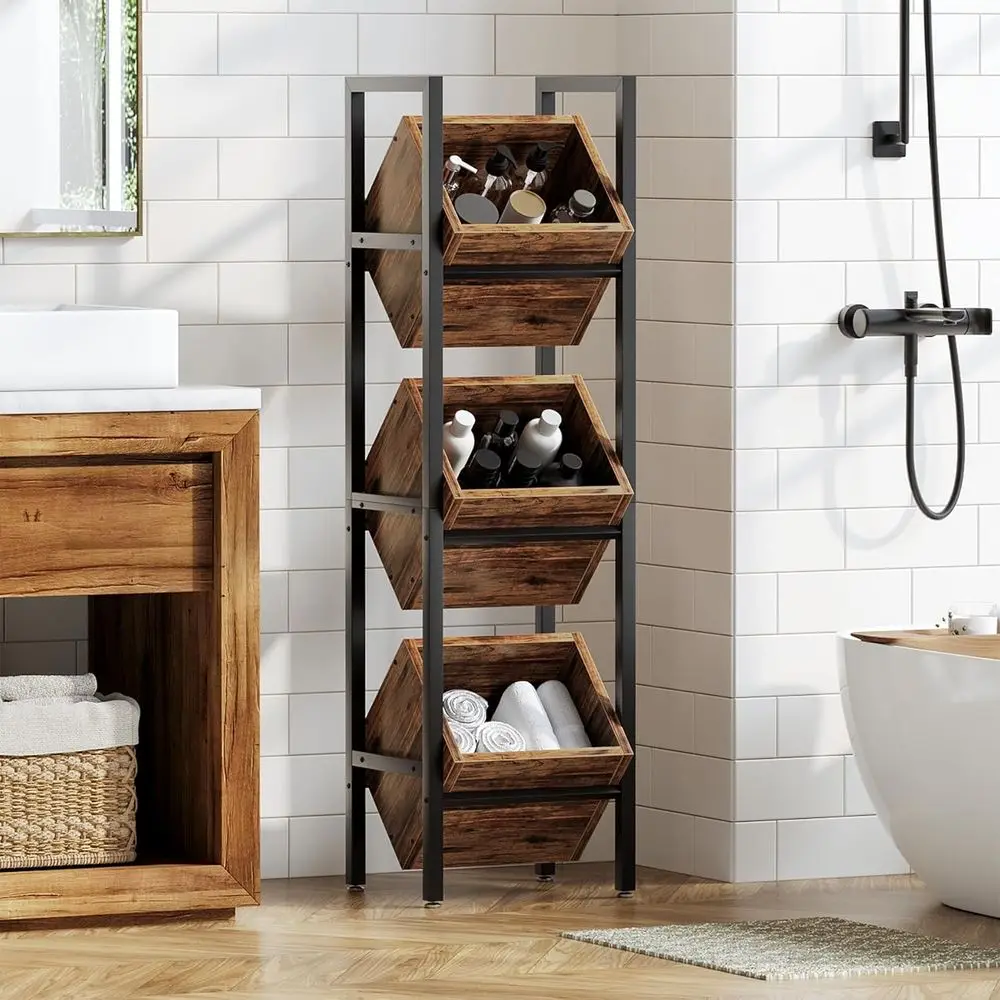 Rustic 3-Tier Wooden Floor Stand Organizer, Storage Rack for Kitchen, Bathroom, Living Room (Rustic Brown)