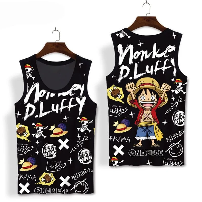 2026 Sommer Anime One Piece Beliebter Charakter Luffy Lässiges Ärmelloses Schwarzes Tanktop für Erwachsene und Kinder Personalisiertes Sport-Tanktop