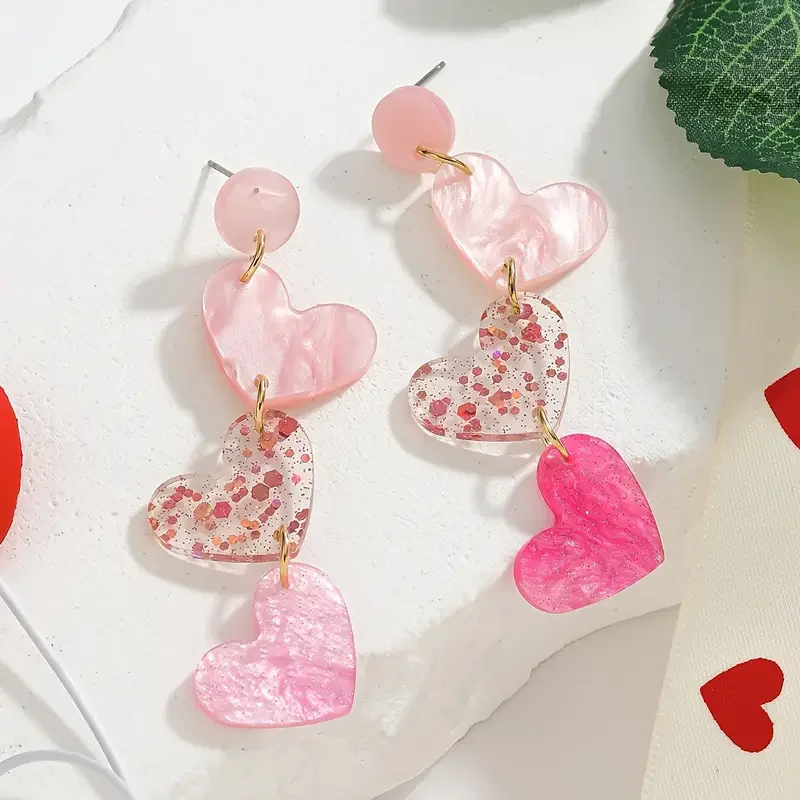 Chic Pink Sparkling B & Heart Design Stud Earrings - Stainless Steel Posts  Acrylic No Plating - Perfect for Casual Attire & Pa