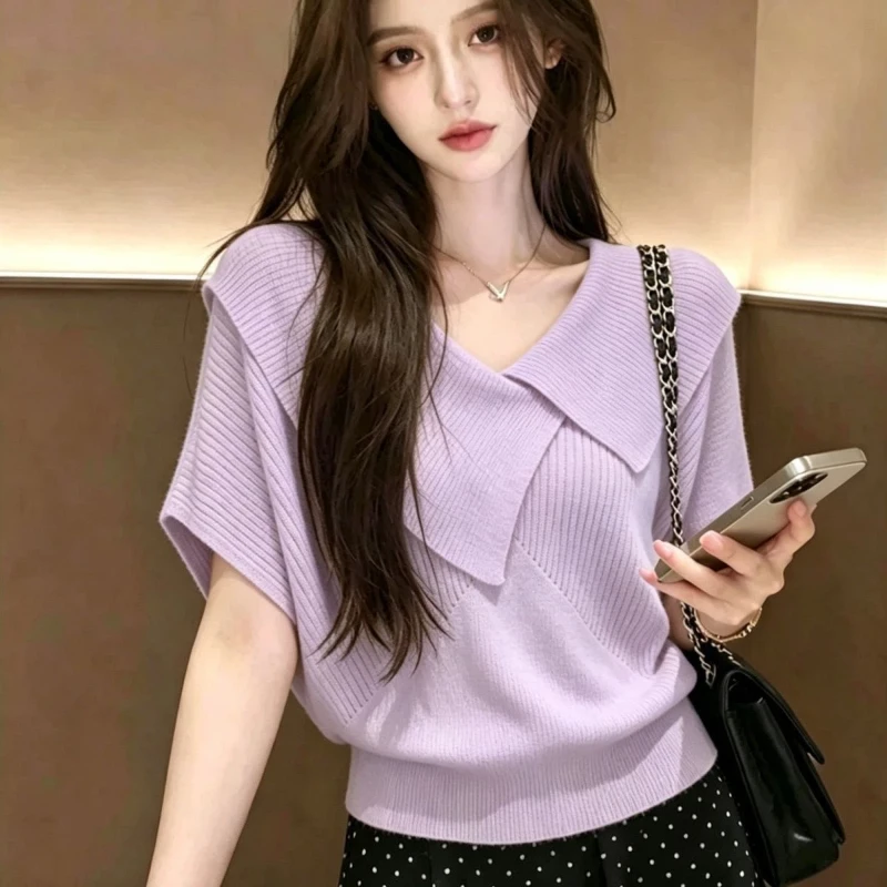Irregular Short Sleeve Solid Ice Silk Lazy Style T Shirts Summer Loose Simplicity Korean Tops Tees Elegant Fashion Women Clothes