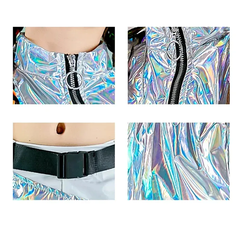 PU Hip-Hop Dance Clothes Reflective Rave Outfit Girl Sets Jazz Dancewear Festival Crop Tops Cargo Pants Catwalk Show Costume