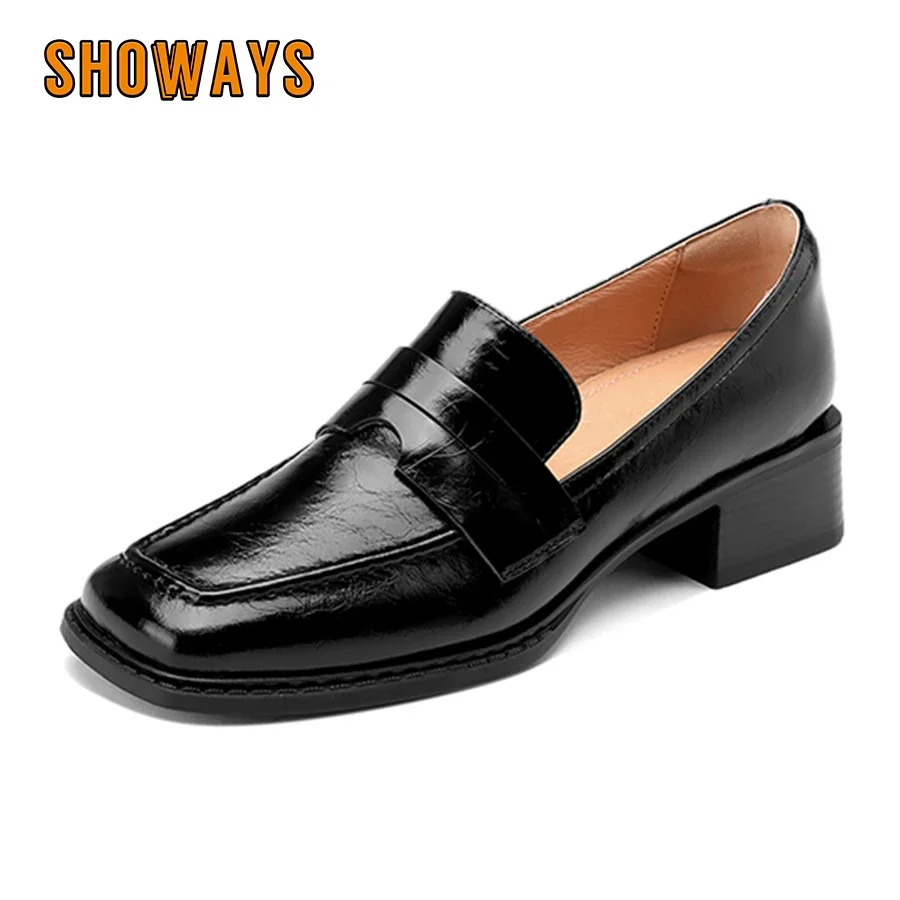 British Women Loafers Black Auburn Full Grain Leather Square Toe Med Block Heel Office Dress Ladies Retro Slip-on Pumps Big Size