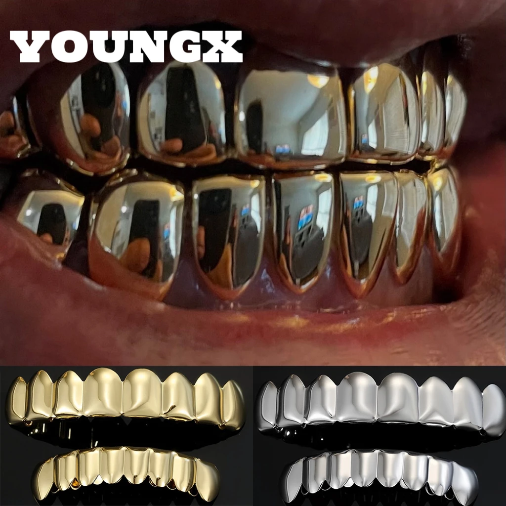 YOUNGX Grillz dentaires classiques Hip Hop à surface lisse, style punk, pour dents supérieures et inférieures, finition brillante, pour femmes et hommes, bijoux, usage quotidien, cosplay, cadeau