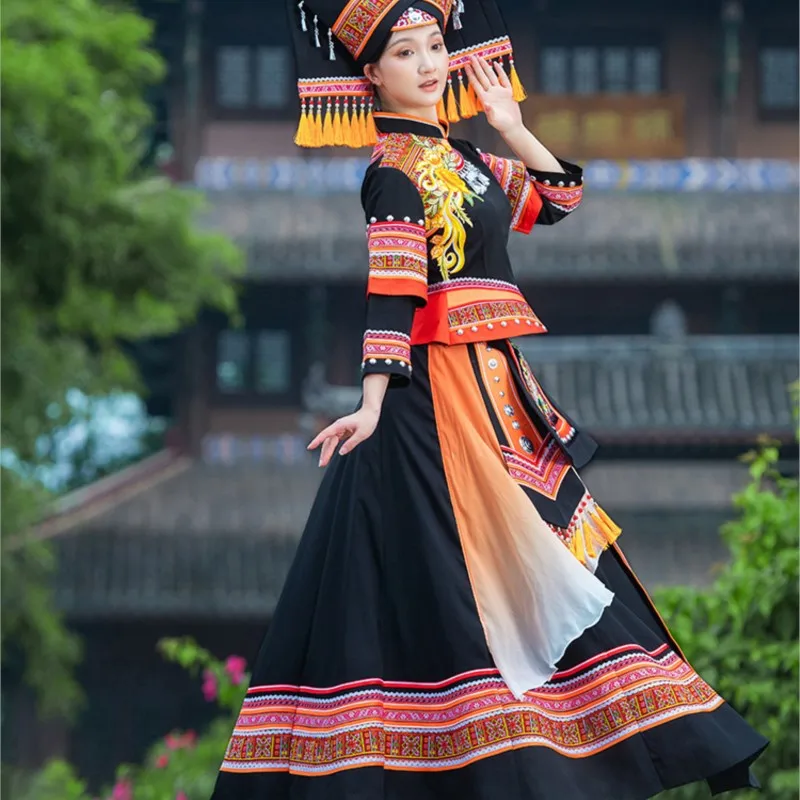 

Dress adult exotic dance female Zhuang brocade embroidery performance long