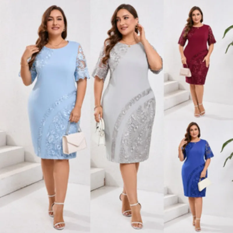 

5XL Plus Size Long Dresses Women Clothing Summer Embroidery Fake Two Piece Elegant Party Dress for Wedding Guest Church Dress