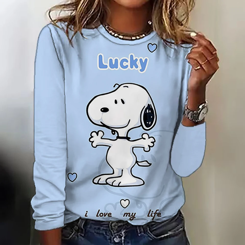 Snoopy Print Crew Neck T-Shirt, Casual Long Sleeve Top For Spring & Fall, Women's Clothing