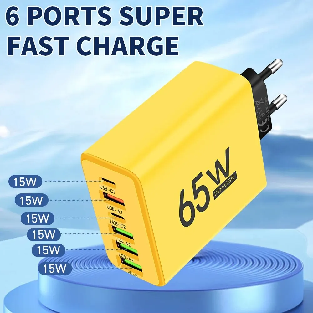 65W Fast Charger USB 6 Port Type C 3.0 Fast Mobile Phone Charger Data Cable For Iphone Xiaomi Huawei 2024 New