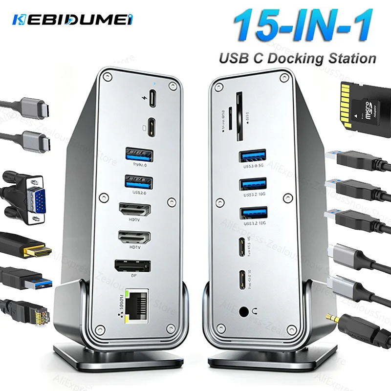 KEBIDUMEI 15in-1 USB C Docking Station 5Gbps USB 3.0 Hub With HDTV 4K60Hz/RJ45 1000M/USB3.0/PD100W SD/TF Card Reader Adapters