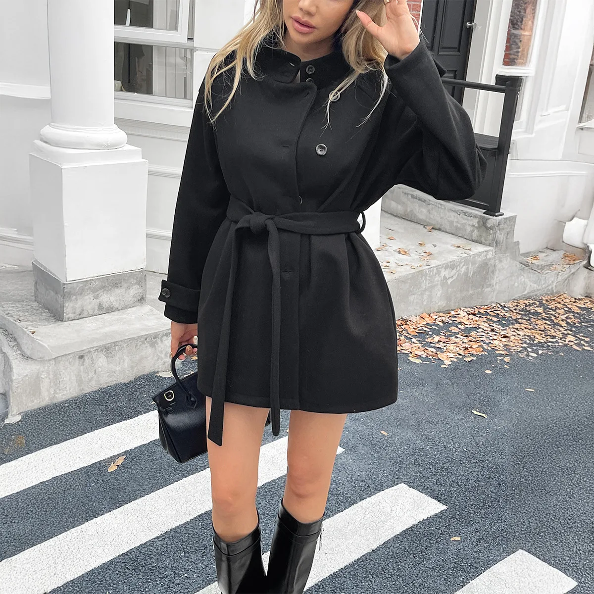 

Casual Long Sve Woolen Coat Women's Autumn Winter Independent Station Belted Outerwear Thiened Woven Fabric Hooded