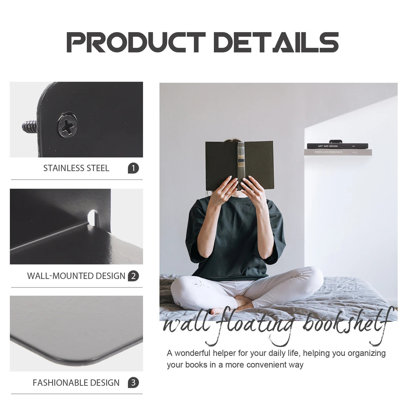 

Invisible Wall Mounted Floating Bookshelf Metal Stainless Steel Book Organizer Wall Storage Shelf for Living Room