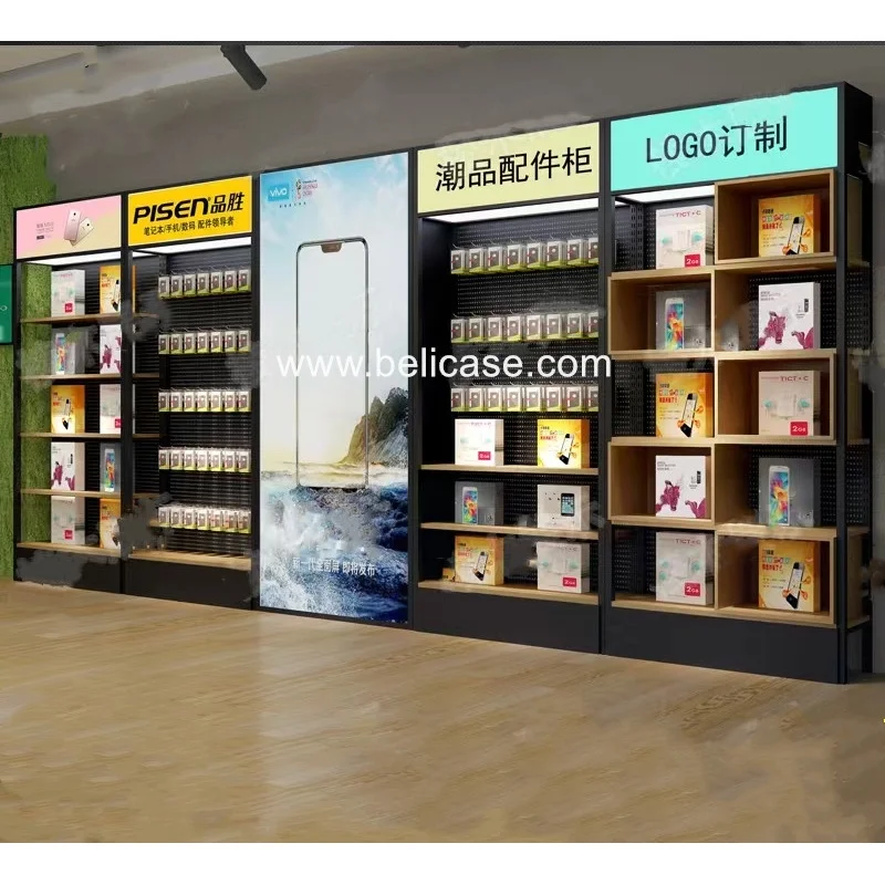 custom，Modern Phone Accessories Store Display Shelf Wooden Display Shelving Phone Repair Shop Fixture