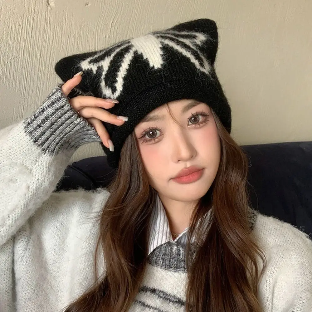 

Creative Y2K Cute Cat Ears Beanie Hats Curly Warm Butterfly Knitted Hat Ear Protection Sweet Cool Jacquard Cap Outdoor