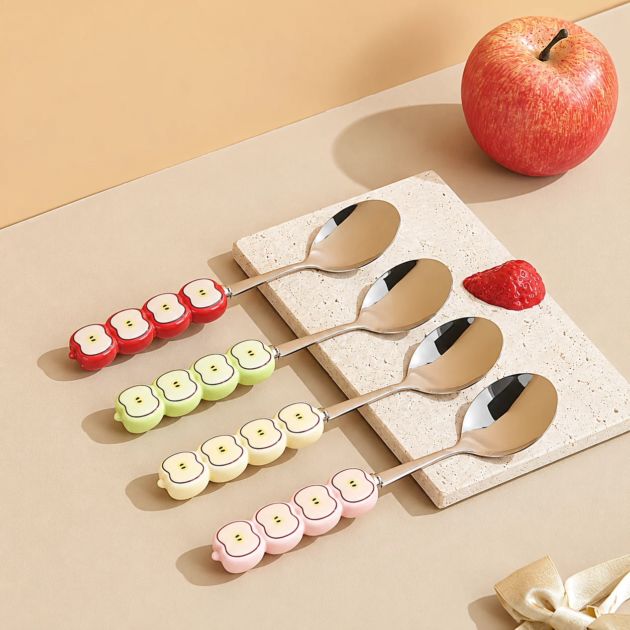 Stainless Steel Dessert Spoon Light Green Dessert Spoon And Fork Set Fruit-Shaped Handle Fork Red Stainless Steel Dessert Fork