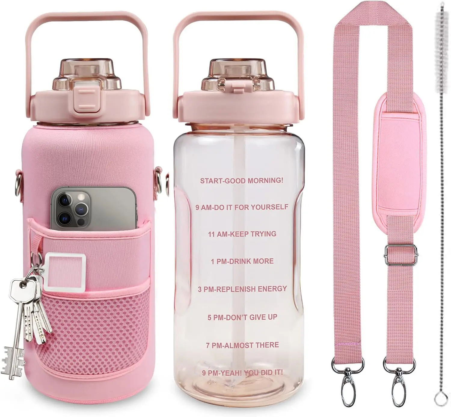 

Half Gallon Water Bottle with Sleeve, 64OZ Motivational Water Bottle with Straw & Time Marker, Leakproof Gym for Sport Workout