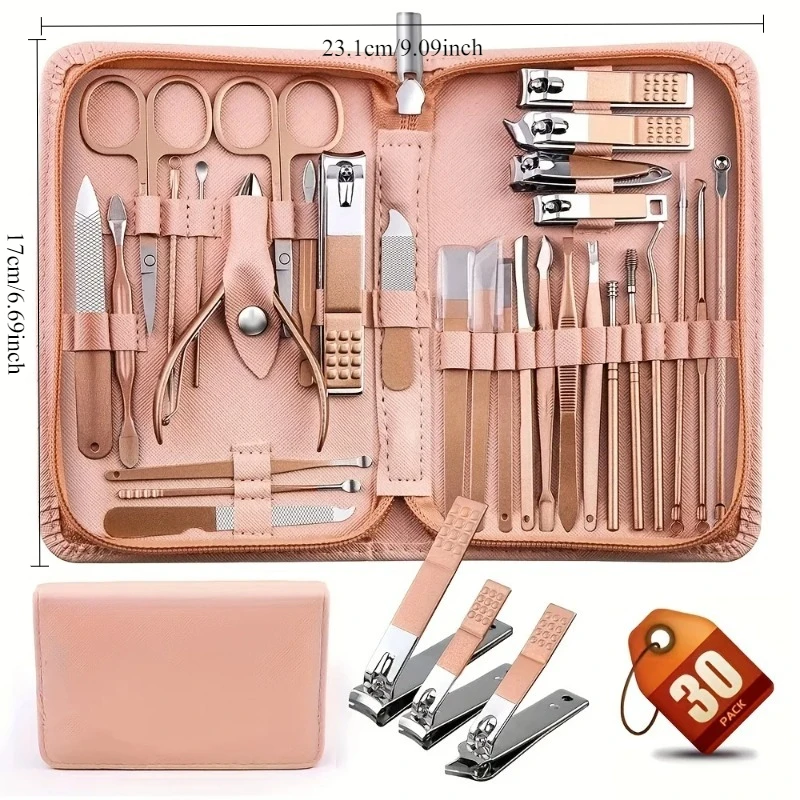 30PCS Stainless Steel Nail Clippers Efficient Manicure Tool Set with Portable Travel Case Cuticle Nipper Cutter Kit Professional