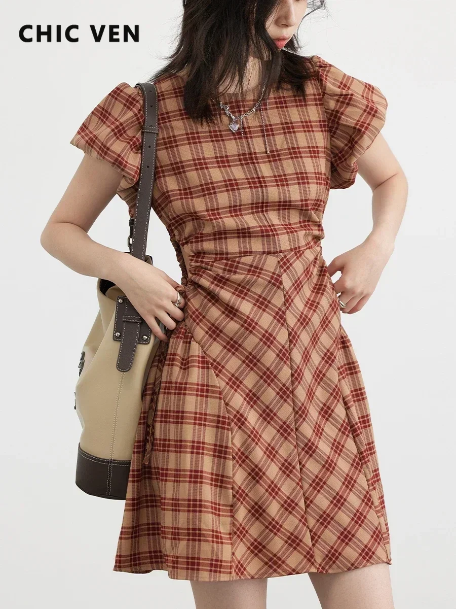 

CHIC VEN Women Dresses Korean High Waisted Plaid Bubble Sleeve Girl A-line Dress Fashion Drawstring Clothes Summer New 2025
