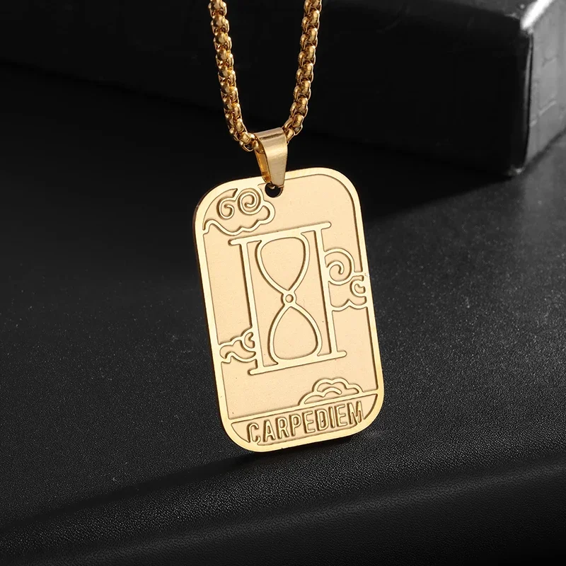 Stainless Steel Embossed Time Hourglass Square Brand Necklace Pendant Hip-Hop Punk Casual Men and Women Pendant