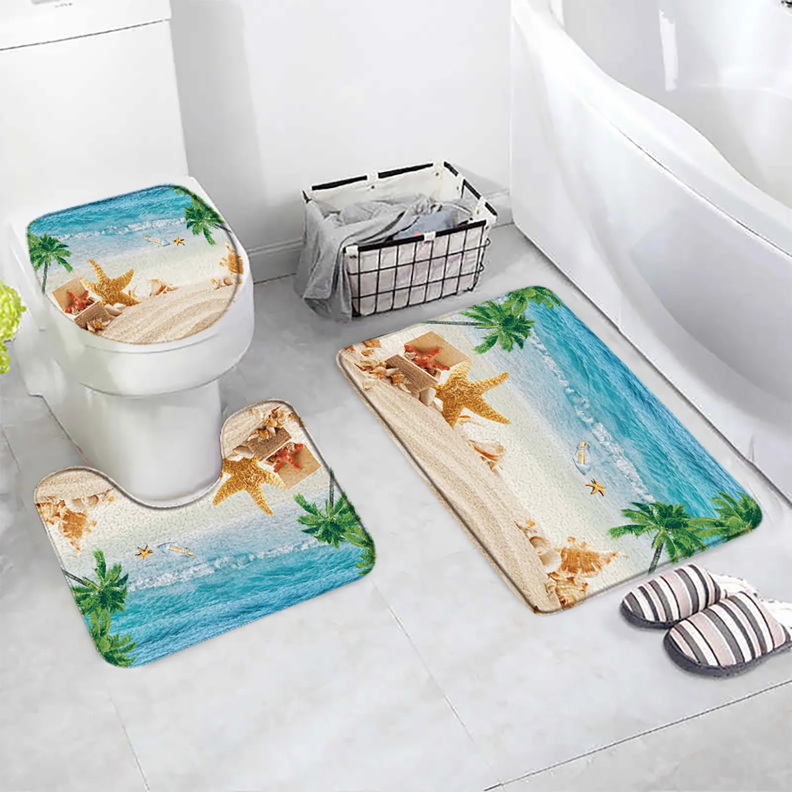 Ocean Beach Bath Mats Set Starfish Conch Palm Trees Dolphin Nature Landscape Home Bathroom Decor Door Rugs Carpet Toilet Lid Mat